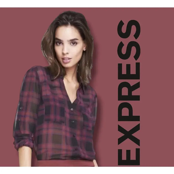 Express women's Burgundy plaid roll up sleeves semi-sheer Blouse  - small - Picture 8 of 8